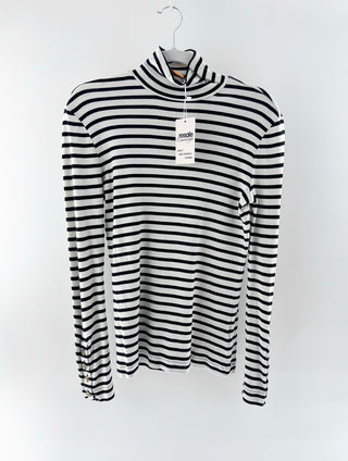 Tory Burch Striped Long Sleeve Turtleneck with Logo Buttons White Black Small