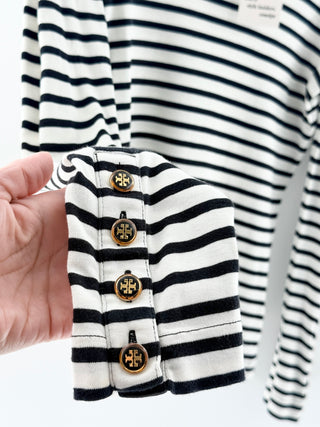 Tory Burch Striped Long Sleeve Turtleneck with Logo Buttons White Black Small