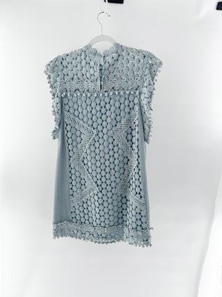 Tularosa Clayton Lace Crochet Pom Pom Trims Shift Mini Dress Blue Women's Small
