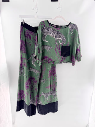 NiLuu Silk leopard print top & pants set with floral accents, L / M