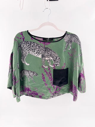 NiLuu Silk leopard print top & pants set with floral accents, L / M