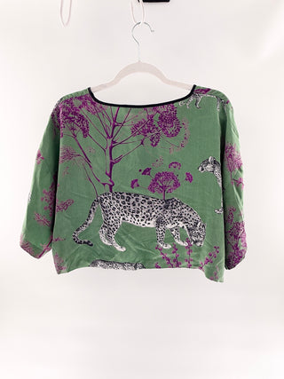 NiLuu Silk leopard print top & pants set with floral accents, L / M