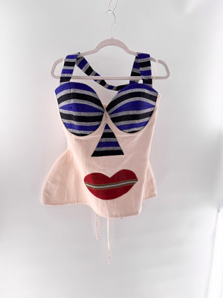 Hertunba Halter peplum top with striped bust & red lip applique, m