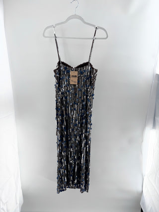 mac duggal fitted midi dress covered in allover sequins and circular disc embellishments with sweetheart neckline and spaghetti straps, 2