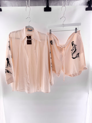 Prada SS22 cotton shirt & oversized shorts set with black nautical tattoo print, 42 / 44