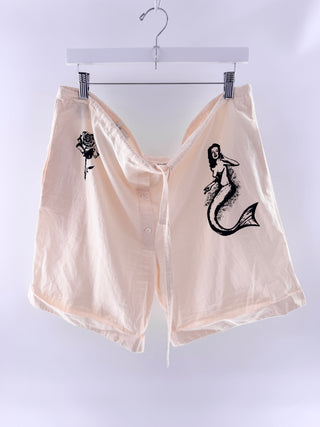 Prada SS22 cotton shirt & oversized shorts set with black nautical tattoo print, 42 / 44