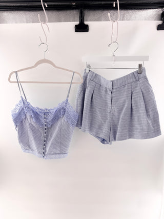 Ramy Brook linen blend lace corset top & pleated shorts set, M / M