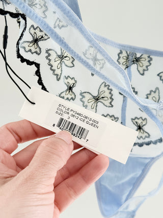 fleur du mal romantic three-piece lingerie set with sheer underwire style bra and matching sheer mesh garner belt and coordinating sheer thong, 34d
