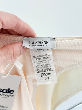 la sirene bikini set featuring halter-style triangle silhouette with gathered detailing at the bust and matching low-rise bikini bottom and matching midi skirt with an adjustable drawstring affect across the front, S
