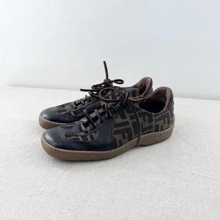 Fendi Canvas and Leather Vintage Low Top Sneakers Brown Black Womens Size US 8