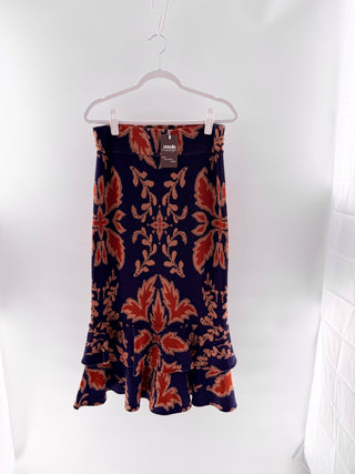 Johanna Ortiz Navy Blue Knit Skirt with Palm Patterns, M