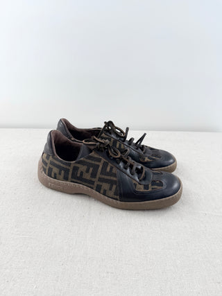 Fendi Canvas and Leather Vintage Low Top Sneakers Brown Black Womens Size US 8