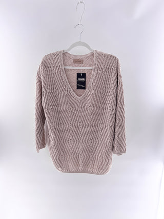 Falconeri open-knit sweater dress featuring collared neckline, deep V-front button closure, and fitted long sleeves, M