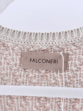 Falconeri open-knit sweater dress featuring collared neckline, deep V-front button closure, and fitted long sleeves, M