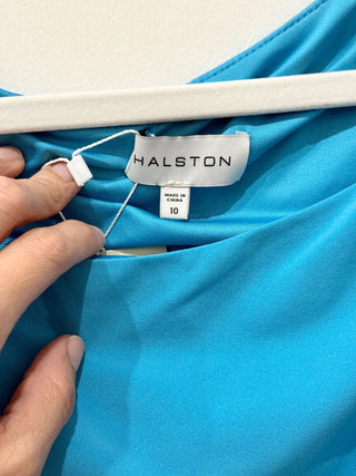 Halston Viviana Ruched Asymmetrical One-Shoulder Mini Dress Aqua Women's Size 10