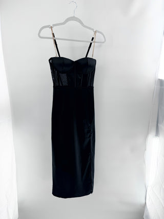 Meshki corset mesh and satin chain strap midi dress, S