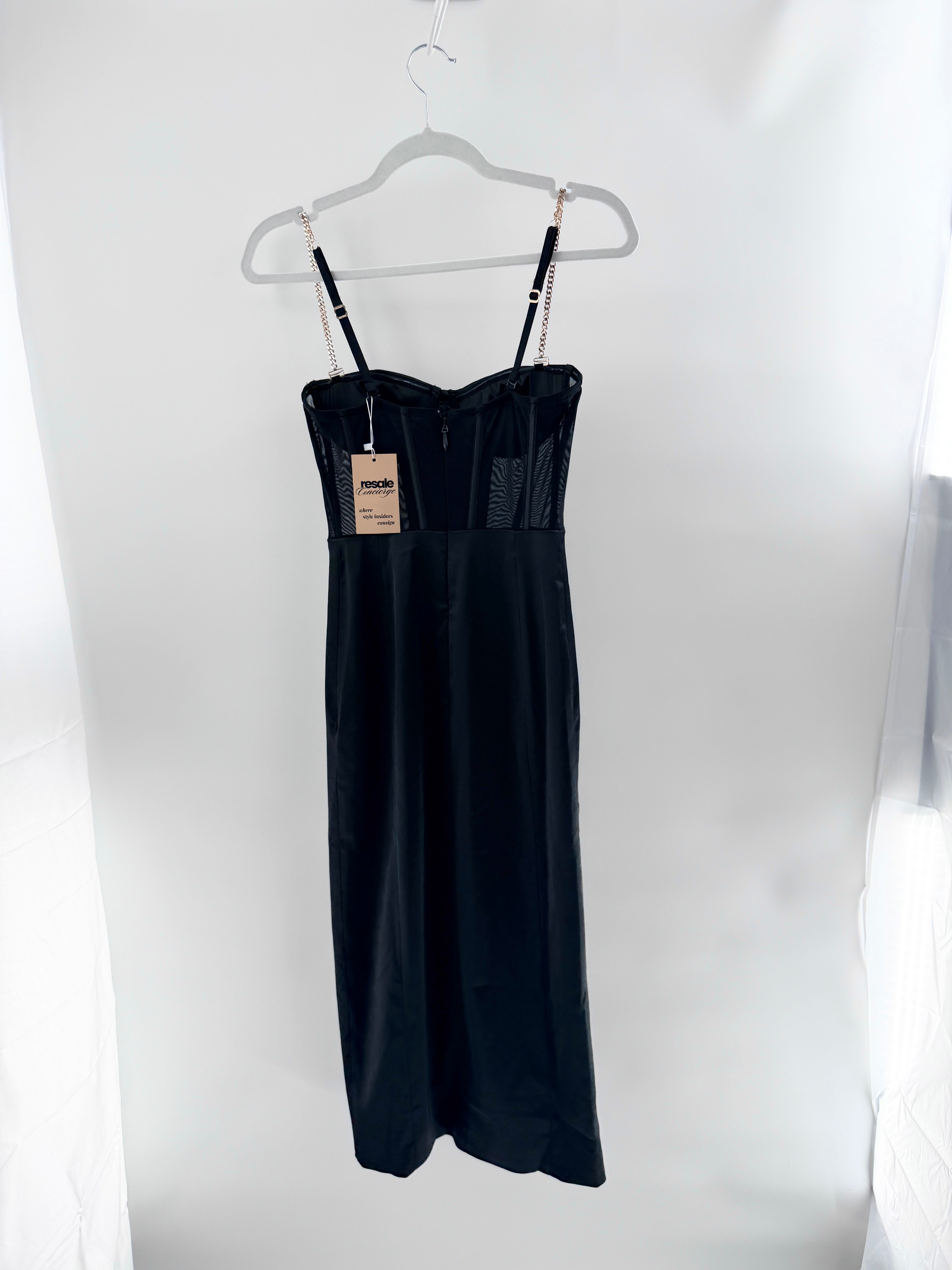 Meshki Talisa Chain Strap Side Split Corset Midi Dress Black Women's S – Resale Concierge