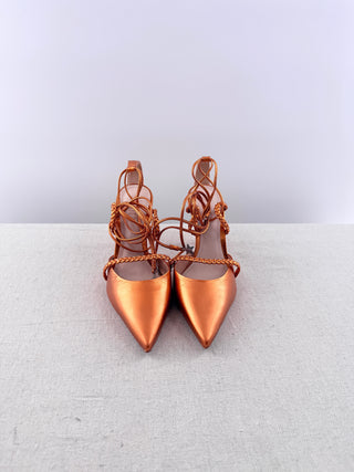 NWOT Schutz Lunah Metallic Leather Braided Strap Lace-Up Pump Orange Women US 7