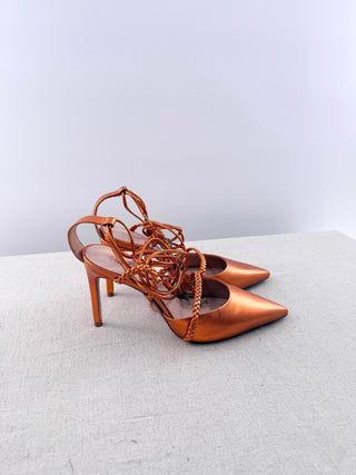 NWOT Schutz Lunah Metallic Leather Braided Strap Lace-Up Pump Orange Women US 7