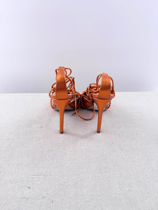 NWOT Schutz Lunah Metallic Leather Braided Strap Lace-Up Pump Orange Women US 7