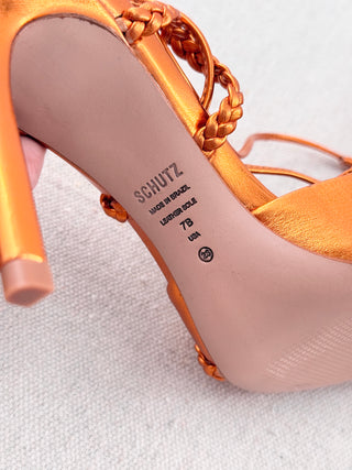NWOT Schutz Lunah Metallic Leather Braided Strap Lace-Up Pump Orange Women US 7