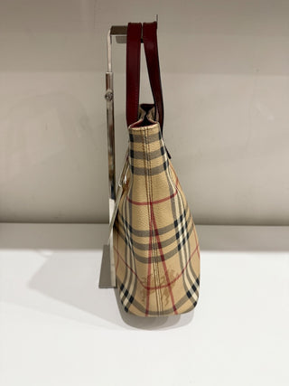 Burberry Haymarket Check Plaid Coated Canvas Tote Bag Beige Multi