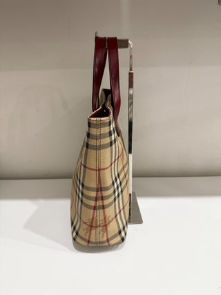 Burberry Haymarket Check Plaid Coated Canvas Tote Bag Beige Multi