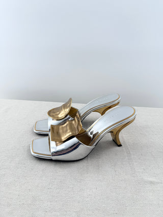 Tory Burch mid heel slides metallic leather and hammered detail, 6