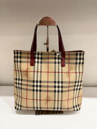 Burberry Haymarket Check Plaid Coated Canvas Tote Bag Beige Multi