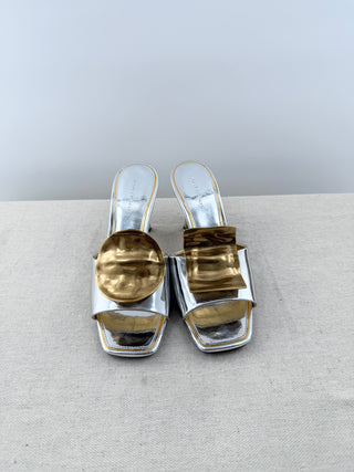 Tory Burch mid heel slides metallic leather and hammered detail, 6