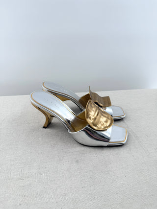 Tory Burch mid heel slides metallic leather and hammered detail, 6