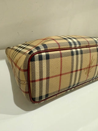 Burberry Haymarket Check Plaid Coated Canvas Tote Bag Beige Multi