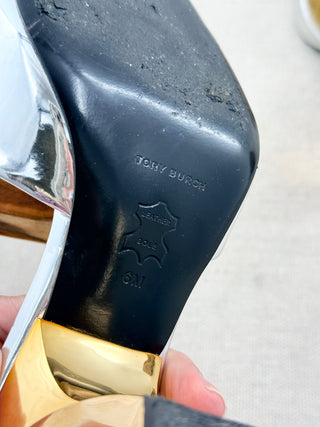 Tory Burch mid heel slides metallic leather and hammered detail, 6