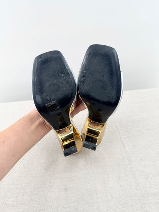 Tory Burch mid heel slides metallic leather and hammered detail, 6