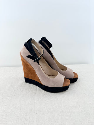 Paul Andrew Whitney Suede Colorblock Wedge Platform Sandals Brown Tan EU 37
