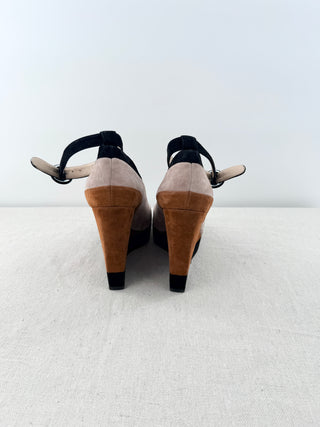 Paul Andrew Whitney Suede Colorblock Wedge Platform Sandals Brown Tan EU 37
