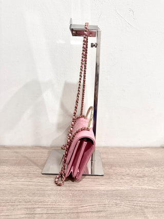 Chanel Quilted Leather Crystal Embellished Clutch Handbag with Chain Strap Pink