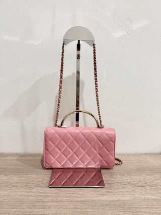 Chanel Quilted Leather Crystal Embellished Clutch Handbag with Chain Strap Pink