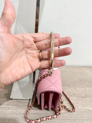 Chanel Quilted Leather Crystal Embellished Clutch Handbag with Chain Strap Pink