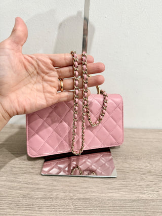 Chanel Quilted Leather Crystal Embellished Clutch Handbag with Chain Strap Pink