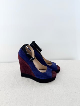 Paul Andrew Whitney Suede Colorblock Wedge Platform Sandals Burgundy Blue EU 37