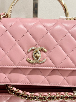 Chanel Quilted Leather Crystal Embellished Clutch Handbag with Chain Strap Pink