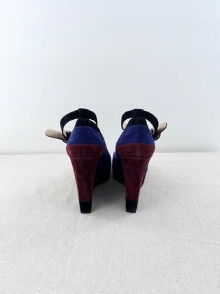 Paul Andrew Whitney Suede Colorblock Wedge Platform Sandals Burgundy Blue EU 37