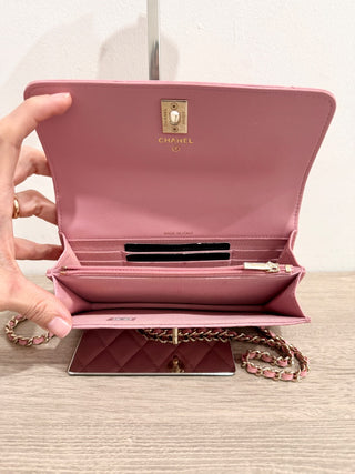 Chanel Quilted Leather Crystal Embellished Clutch Handbag with Chain Strap Pink