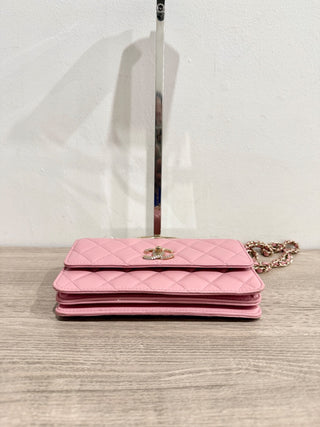 Chanel Quilted Leather Crystal Embellished Clutch Handbag with Chain Strap Pink