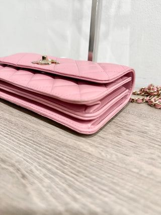 Chanel Quilted Leather Crystal Embellished Clutch Handbag with Chain Strap Pink