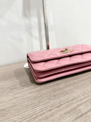 Chanel Quilted Leather Crystal Embellished Clutch Handbag with Chain Strap Pink
