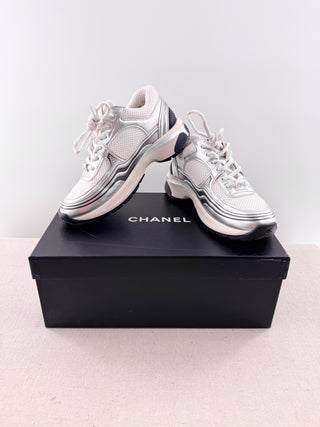 Chanel Fabric Laminated Calfskin Stretch CC Sneakers White Silver Women's EU 36