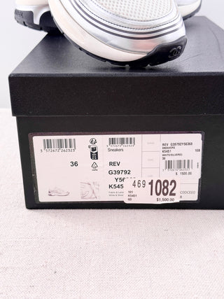 Chanel Fabric Laminated Calfskin Stretch CC Sneakers White Silver Women's EU 36