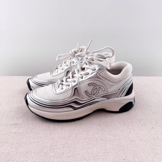 Chanel Fabric Laminated Calfskin Stretch CC Sneakers White Silver Women's EU 36